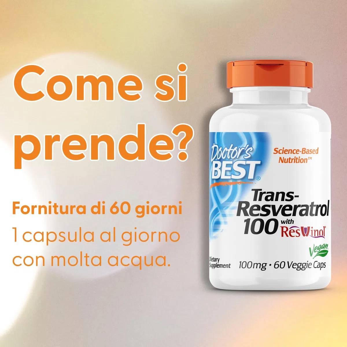 Doctor's Best, Trans-Resveratrolo 100 con ResVinol, 100mg, 60 Capsule vegane, Testato in Laboratorio, Senza Glutine, Senza Soia, Vegetariano