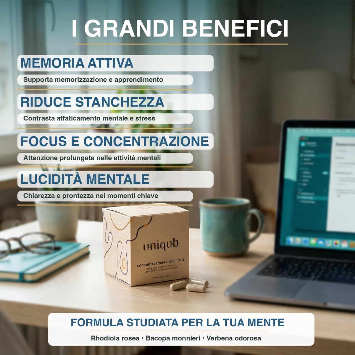 Integratore Concentrazione e Memoria Migliora l'umore Con Rhodiola Rosea Bacopa Monnieri Lippia Citriodora 60 capsule Vegetali 100% Naturale Uniqub