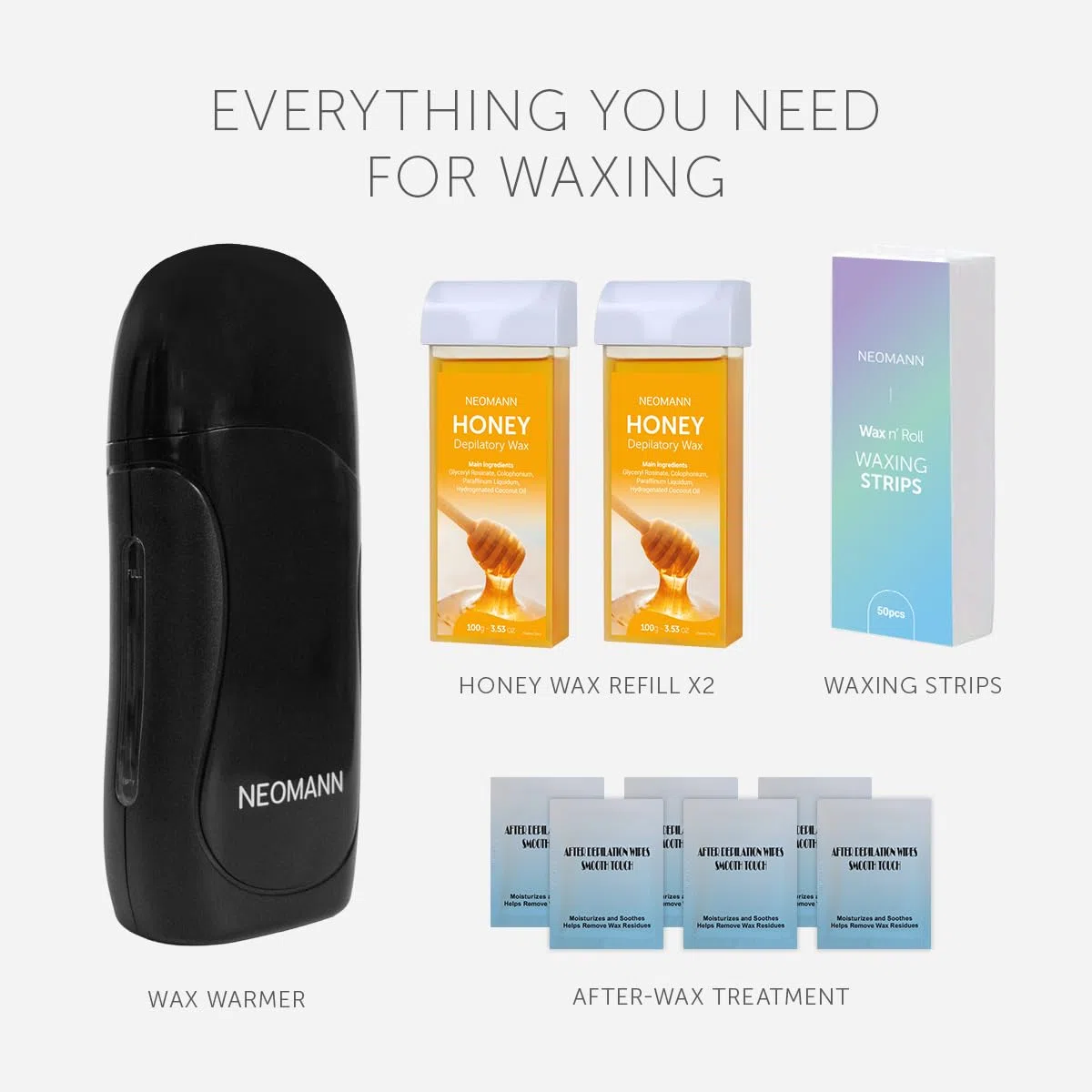 Wax-n'Roll - Set di depilazione Honey | scaldabagno Roll-On con 2 cartucce a forma di miele, 50 strisce di cera e 6 panni per la cura (nero) – qualità salone per la casa