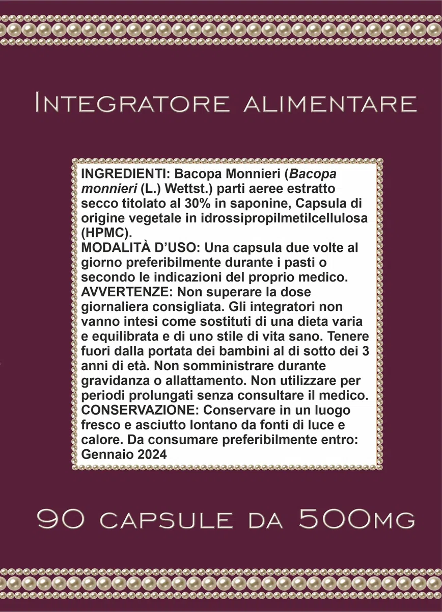 BRAHMI - Bacopa monnieri - 100% estratto secco titolato al 30% di Saponine (Bacosidi) - 90 capsule vegetali da 500mg - Memoria e Funzioni Cognitive - Rilassamento e Benessere Mentale