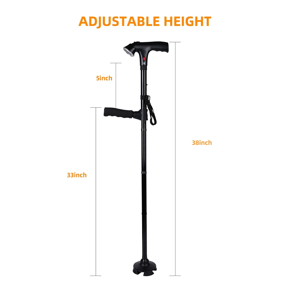 Folding Cane with Led Light and Alarm, Adjustable armrest Cane and Walking Stick, Suitable for The Elderly with buffered T Handle and Pivoting Quad Base for Hiking Mountain Climbing Backpacker