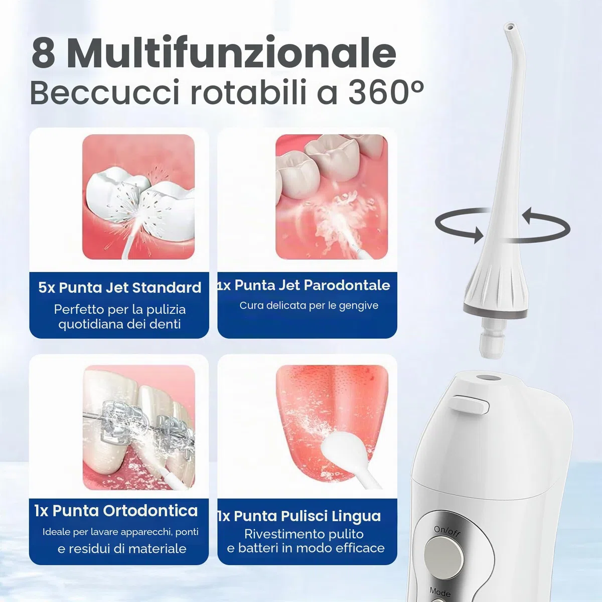 Idropulsore Dentale Portatile con 8 Ugelli Hangsun Irrigatore Dentale, 3 Modalità e Capacità 300ML, USB Ricaricabile per Ortodontico, Famiglia