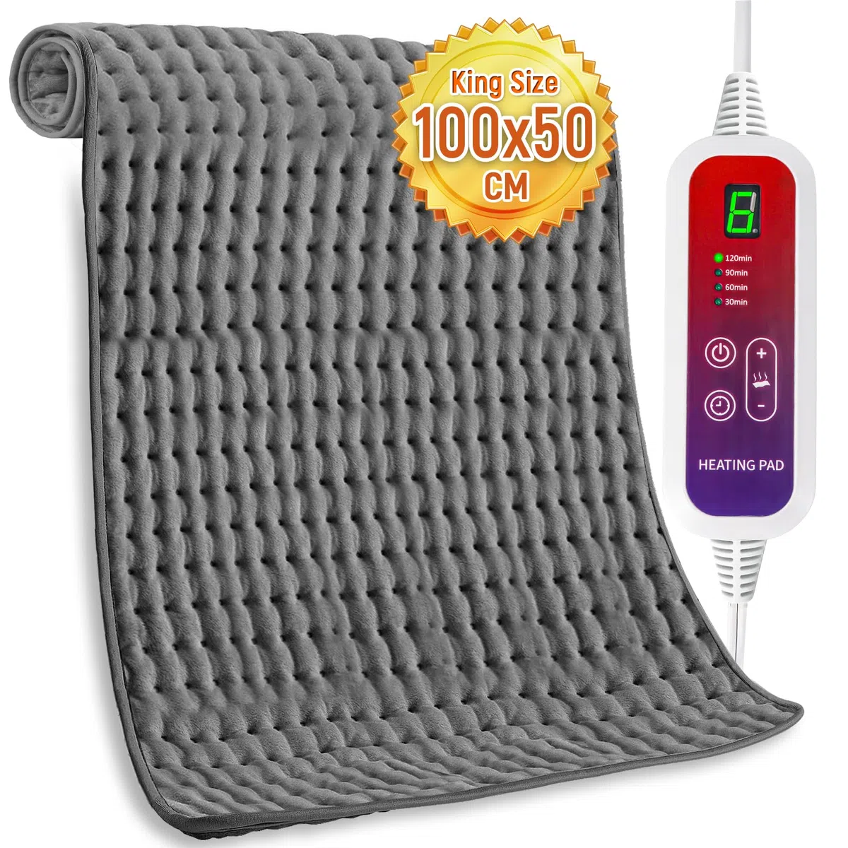 Termoforo 100x50cm, Extra Grande Termoforo Elettrico con 6 Impostazioni di Calore e 4 Timer, Riscaldamento Rapido Cuscino Termico Elettrico per Schiena Spalle Cervicale Lombare, Lavabile