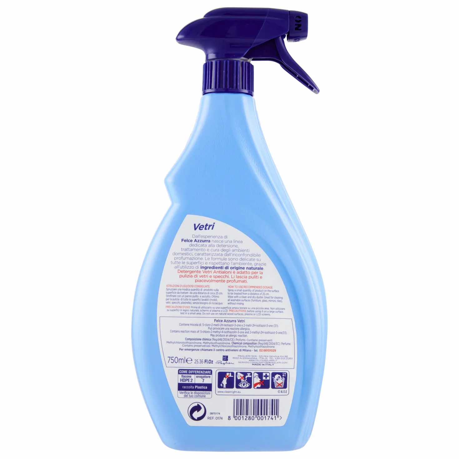 Felce Azzurra - Detergente Vetri Antialoni Spray Profumato Classico, Pulisci Vetri e Specchi Multiuso per Pulizia Casa e Brillantezza senza Aloni, Dermatologicamente Testato di Origine Naturale, 750ml