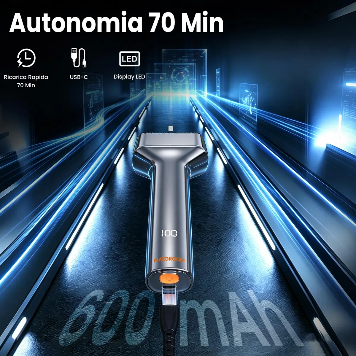 MAXGROOM Rasoio Elettrico Barba, rasoio elettrico a pelle a 3 testine flottanti, Shaver barba IPX7 testina rimovibile, 70 minuti di autonomia, 132 g leggero e portatile, USB-C e LED