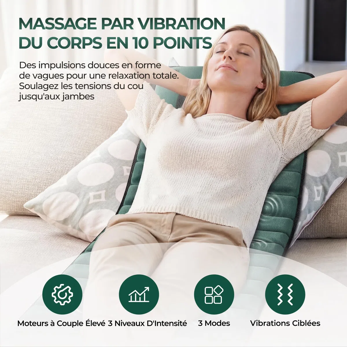 Tappetino massaggiante per tutto il corpo con massaggio Shiatsu e calore | Tappetino massaggiante con 10 motori di vibrazione per schiena e gambe, tappetino relax elettrico per casa e ufficio, verde