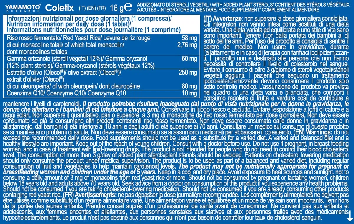 YAMAMOTO RESEARCH Coletix New Formula 30 compresse, integratore alimentare a base di riso rosso fermentato (Monascus purpureus), con gamma orizanolo e coenzima Q10. Supporta la salute del cuore