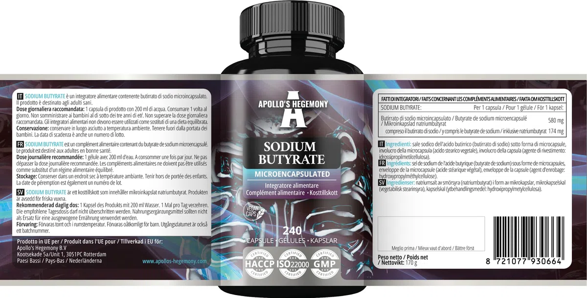 Sodio butirrato ad alto dosaggio 570 mg (30% di acido butirrico), 240 capsule vegane, 240 giorni di fornitura, integratore per sostenere la rigenerazione della barriera intestinale - Apollo's Hegemony