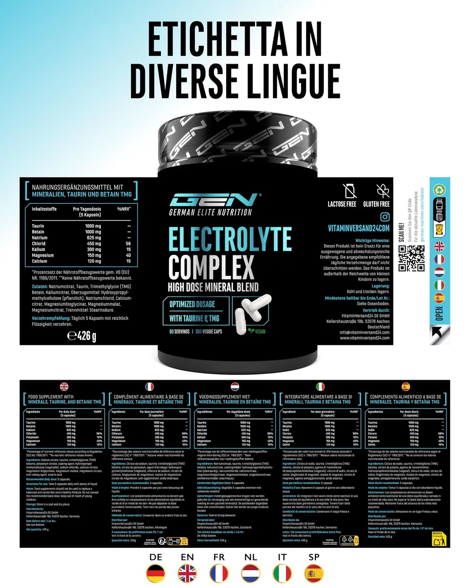 Electrolyte Complex - 300 Capsule Vegane - Complesso di Elettroliti Alto Dosaggio con Taurina e Betaina (TMG) - Sodio, Potassio, Magnesio e Calcio - 60 Porzioni - Alternativa alla Polvere