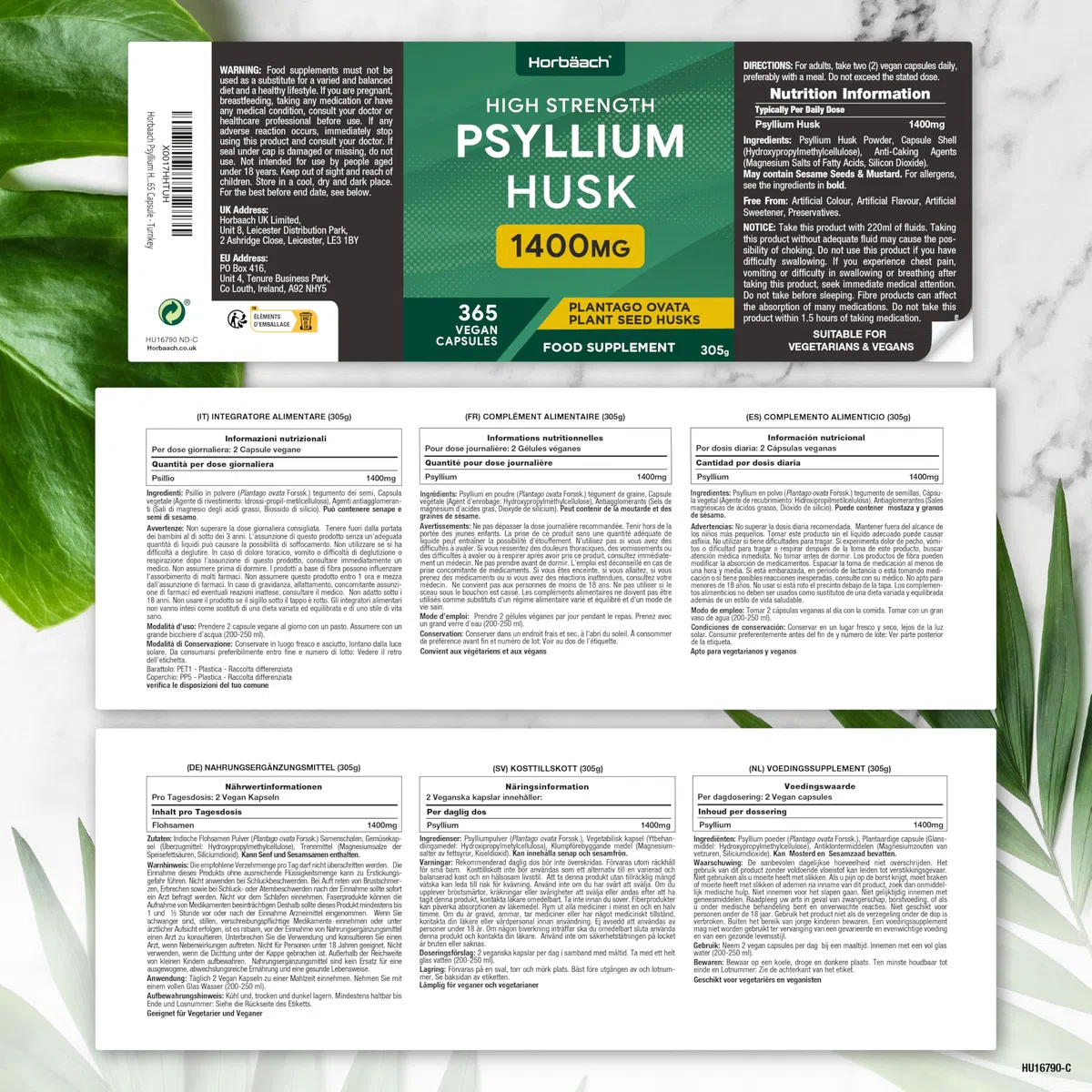 Psillio Capsule Alto Dosaggio 1400 mg | Buccia di Psillio in Polvere | 365 Capsule Vegane per 6 Mesi | Integratore di Fibre | Prebiotico Naturale | Psyllium Husk | di Horbaach