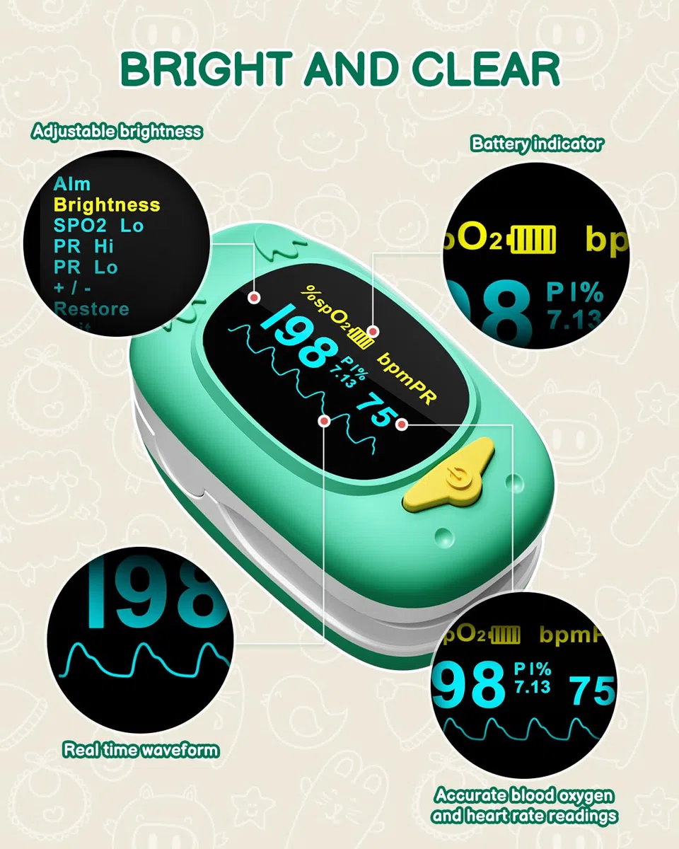 Paediatric Pulse Oximeter Saturimetro Pediatrico Professionale Certificato per Bambini con Display LED, HOLFENRY Saturimetro Bambini Pediatrico Un Design Carino per Il Monitoraggio Di SpO2