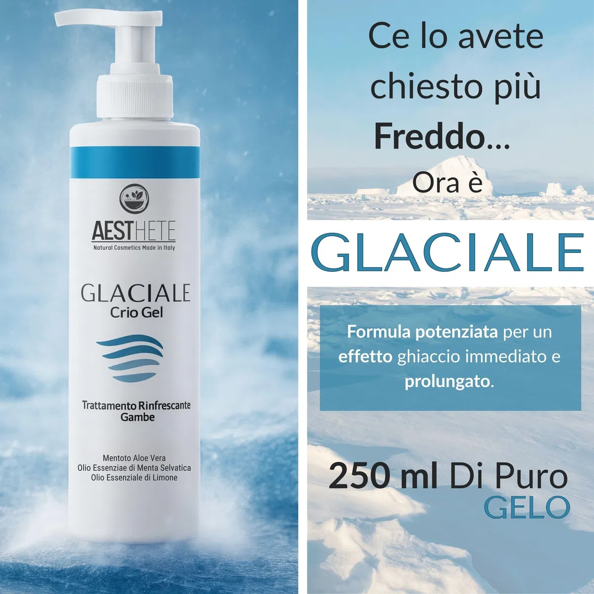 Crema Gambe Effetto Freddo Glaciale – Crio Gel Bio – Freschezza Intensa e Prolungata per Gambe Stanche, Gonfie e Pesanti Vene Varicose e Capillari Rotti – Tonificante e Defaticante Estivo 250ml