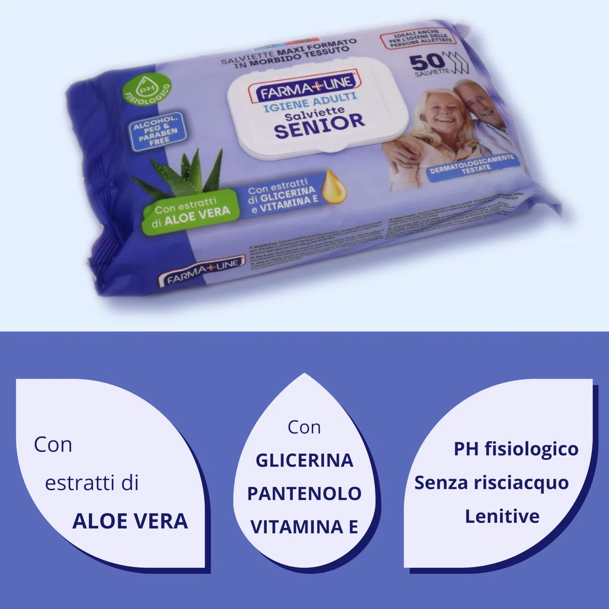 Salviette Senior Igiene Adulti Maxi 20 x 28 cm, 400 pz (8 confezioni da 50 salviette) Aloe Vera, Glicerina e Vitamina E, Senza Alcool, pH Fisiologico