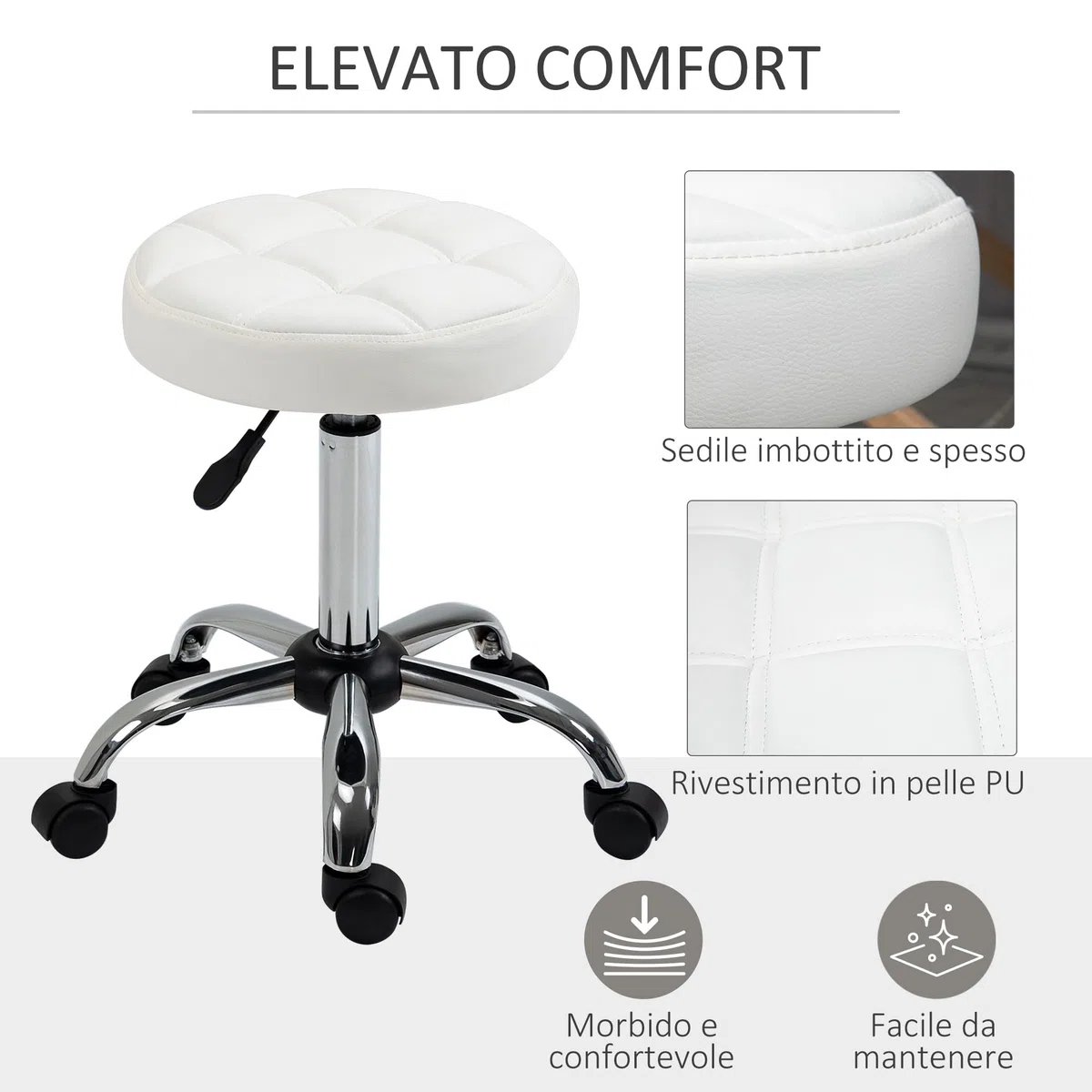 HOMCOM Sgabello Girevole con Ruote Rotondo, Sgabello per Parrucchiere ed Estetista con Altezza Regolabile, Imbottito in Finta Pelle, Bianco