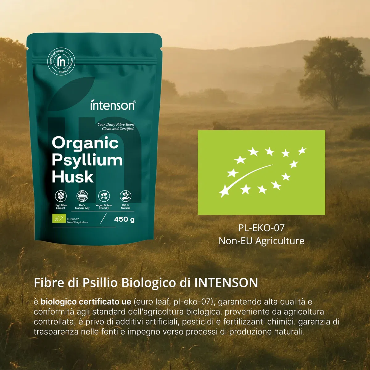 Intenson Psillio Bio, 900 g, Biologico Certificato UE, Ricco di Fibre, 100% Naturale, Vegano, Compatibile con la Dieta Keto, Senza Glutine, Senza Additivi