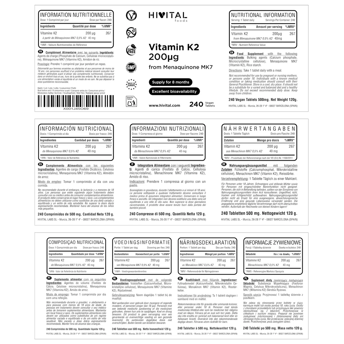 Vitamina K2 MK7 200 mcg. 240 compresse vegane di Vitamina K per 8 mesi di trattamento. 200 mcg di Vitamina K2 Menachinone MK-7. Prodotto in Europa da HIVITAL