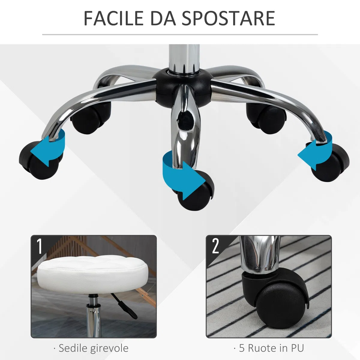 HOMCOM Sgabello Girevole con Ruote Rotondo, Sgabello per Parrucchiere ed Estetista con Altezza Regolabile, Imbottito in Finta Pelle, Bianco