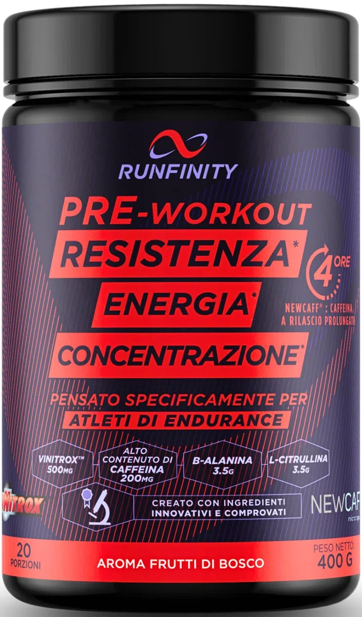 Pre Workout Runfinity – Booster di Energia a Lunga Durata: 4 Ore di Efficacia – Prestazioni Massime – Resistenza, Potenza & Concentrazione – Formula Premium con Ingredienti Brevettati