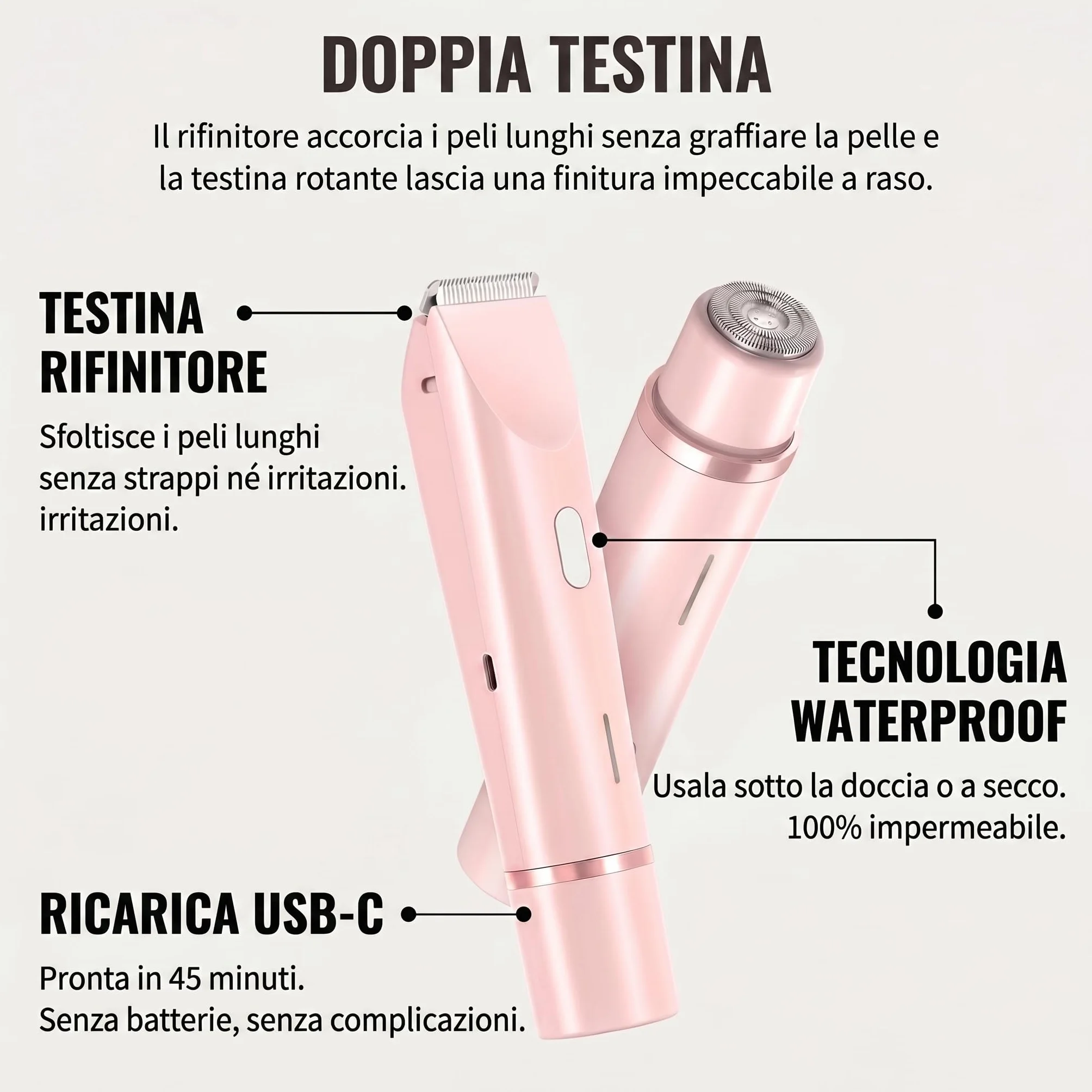 sovalya rasoio Rifinitore Intimo 2 in 1 Donna IPX10 con Lame Ceramica | 2 testine, IPX7, uso wet dry, zona bikini, viso e corpo, ricarica rapida, lame in ceramica, design compatto