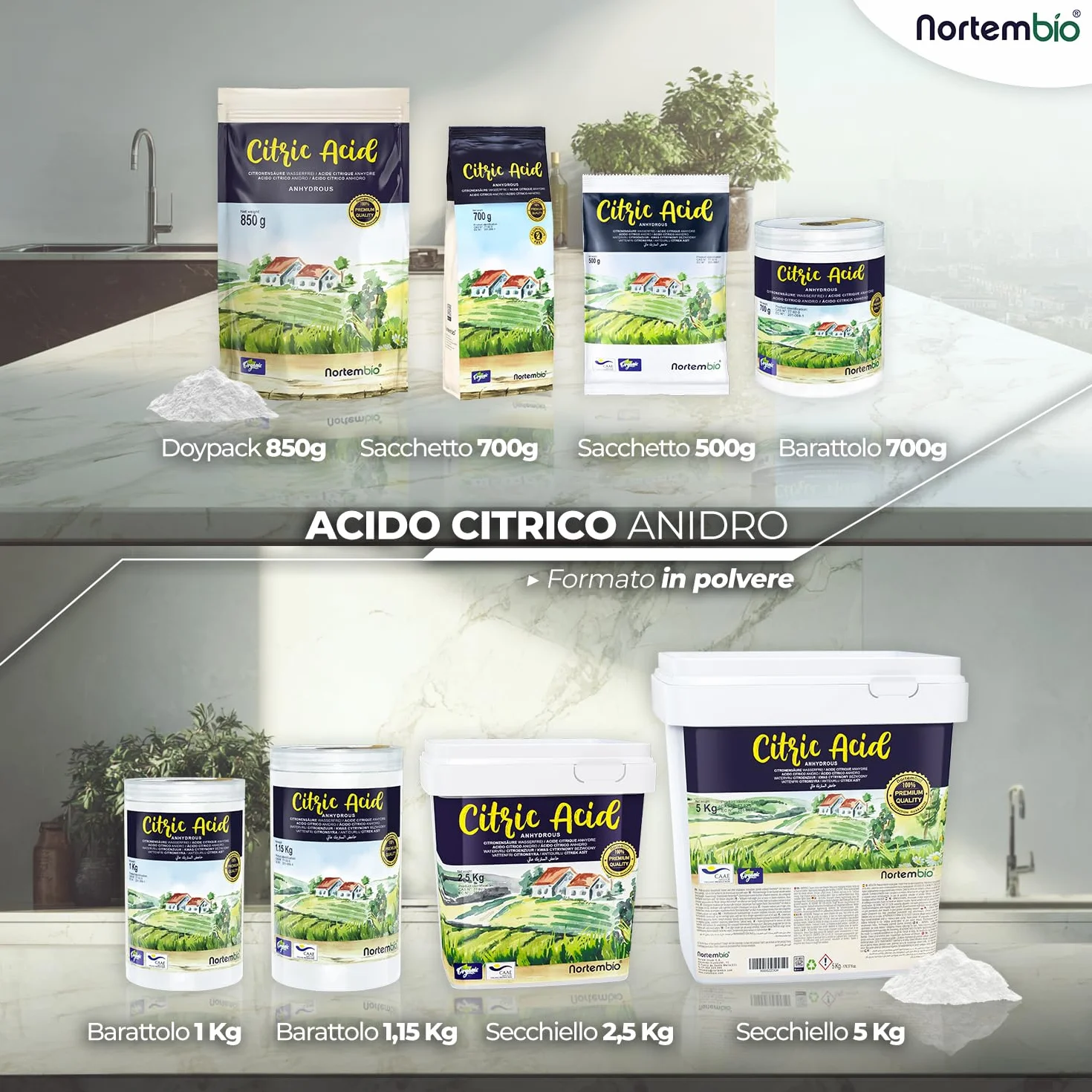 Nortembio Acido Citrico Acido Citrico Anidro Concentrato 100 % Puro Certificato – Pulizia Domestica Multiuso – Senza OGM + eBook Incluso (1 kg)