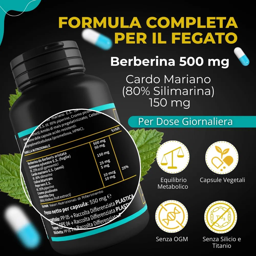 Berberina, Cardo Mariano e Silimarina – Integratore Detox Fegato e Depurativo Fegato Epatico – Supporto Naturale per Metabolismo e Benessere – 120 Capsule Vegan – ROYAL NUTRACEUTICI