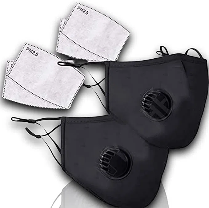 Set di 2 mascherine in tessuto lavabile, nero, con 10 filtri in cotone traspirante, riutilizzabile, protezione respiratoria, filtro carbone attivo, anti polvere interna esterna anti