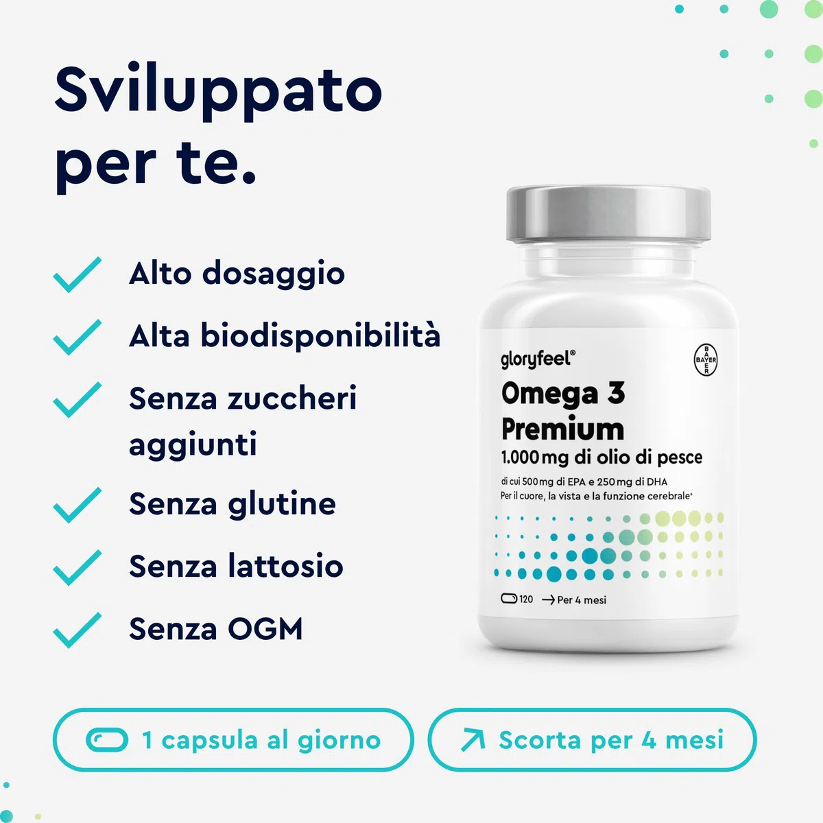 Omega 3 Olio di Pesce, 1000mg di Omega 3 500 mg EPA + 250 mg DHA, Integratore Olio di Pesce Omega 3 Capsule, 120 Capsule, Omega3 Fish Oil, Cuore & Cervello Sani, Testato in Laboratorio