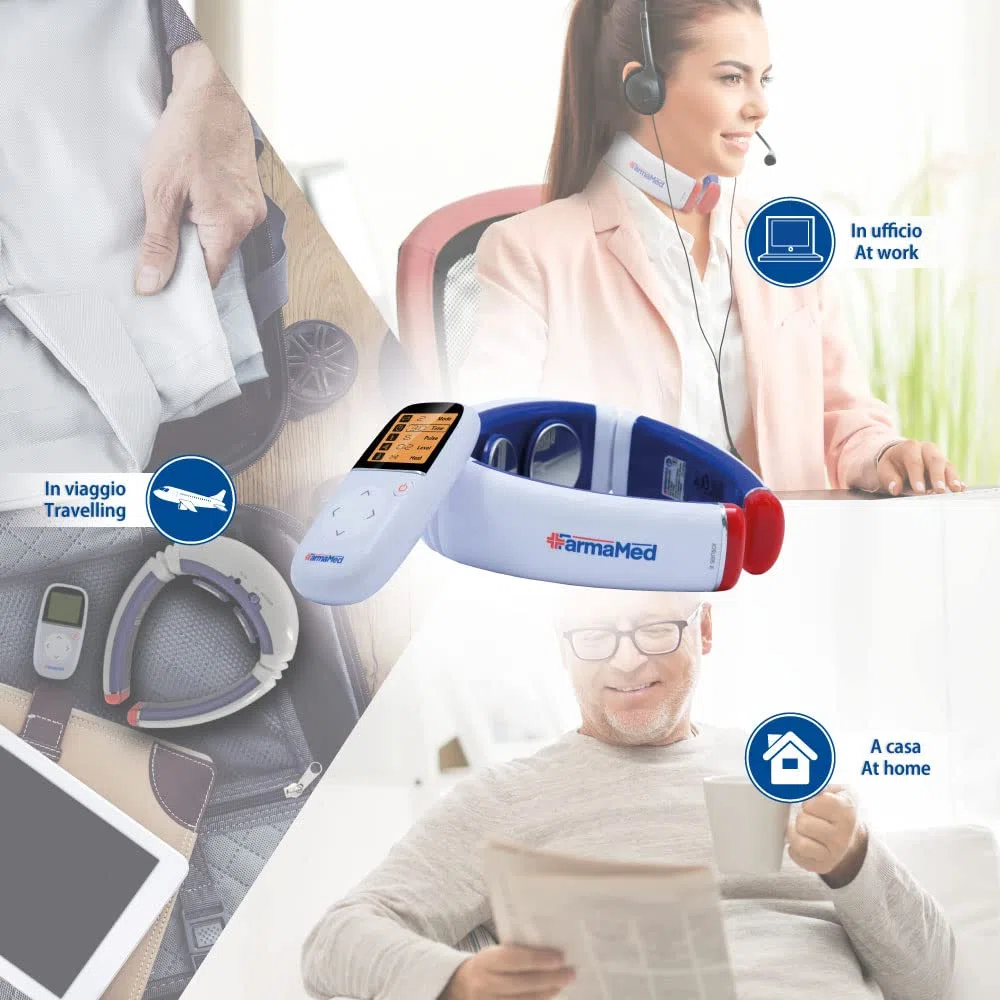 FARMAMED Elettrostimolatore collo, Terapia con calore per dolori muscolari, Elettrostimolatore cervicale multifunzione con telecomando wireless con display LCD