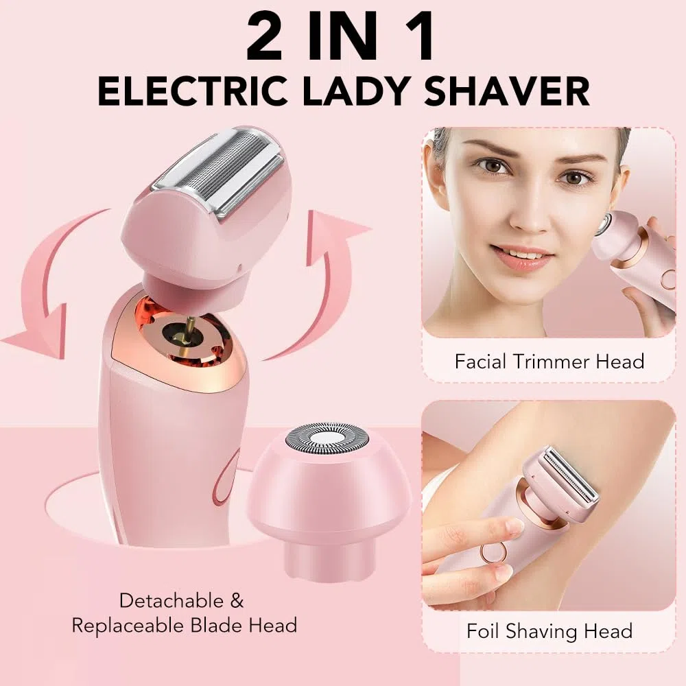 Rasoio Elettrico da Donna 2 in 1 a Doppia Testa,USB Ricaricabile,Impermeabile IPX7,Intima Donna Indolore per Viso, Gambe, Braccia e Zona Bikini