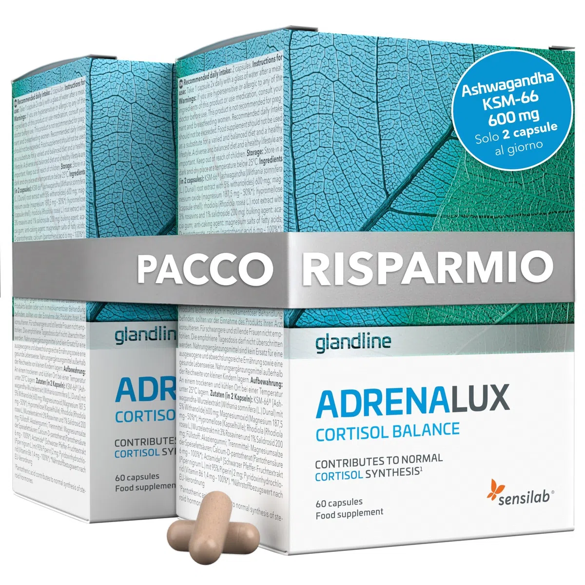 Adrenalux - Integratore Cortisolo con Ashwagandha KSM-66 600 mg e Rhodiola Rosea - Vitamina B5, B6, Magnesio - 120 Capsule - Sensilab