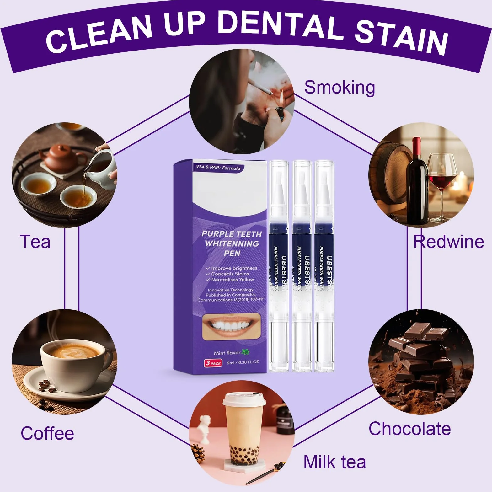 3 Pezzi Penne Sbiancante Denti,Penna Gel Sbiancamento per Dentale,sbiancante denti,Per Rimozione delle Macchie e Sorriso Più Luminoso,Facile da Usare,Rapido Sbiancamento(Viola)