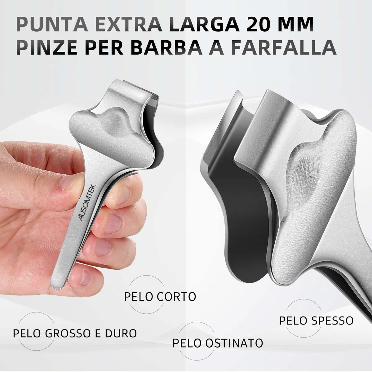AUSOMTEK Pinzette per barba a farfalla, pinzette per la rimozione dei capelli, pinzette per la rimozione dei peli fini, strumento per sopracciglia, in acciaio inossidabile, punte larghe 20 mm, slot