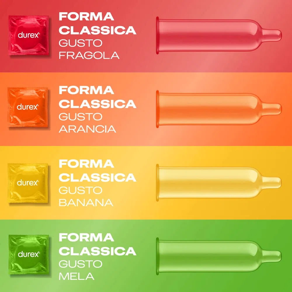 Durex Tropical Preservativi Aromatizzati alla Frutta, Gusto: Banana, Mela, Fragola e Arancia, Lubrificati a Base Siliconica - 24 Profilattici