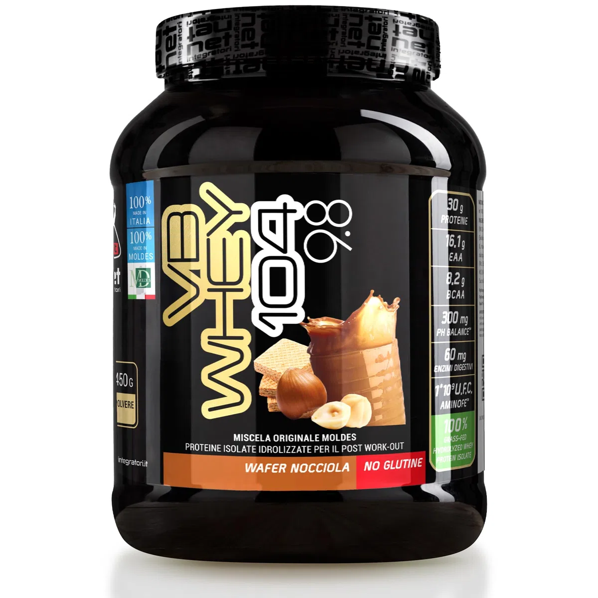 NET Integratori VB WHEY 104 9.8 Optipep - 450g Wafer Nocciola - Proteine Isolate Idrolizzate per via Enzimatica Con EAA e BCAA - Massimizza Sintesi Proteica, Crescita e Mantenimento Muscolare