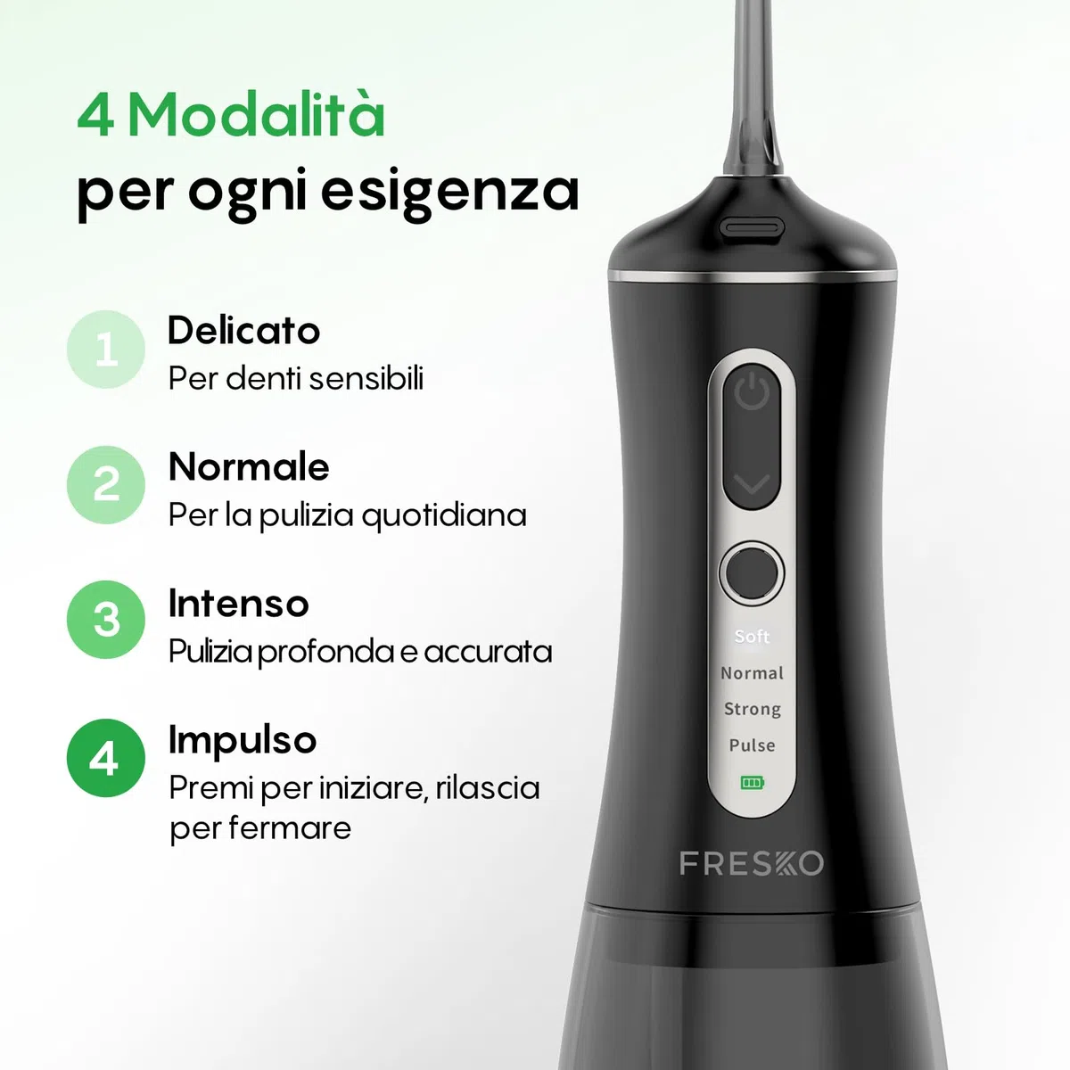 FRESKO Idropulsore Dentale Portatile, 300ML Irrigatore Orale con 4 Modalità 45-105PSI, Batteria 2600mAh, Impermeabile IPX7, 5 Punte per Apparecchi e Impianti