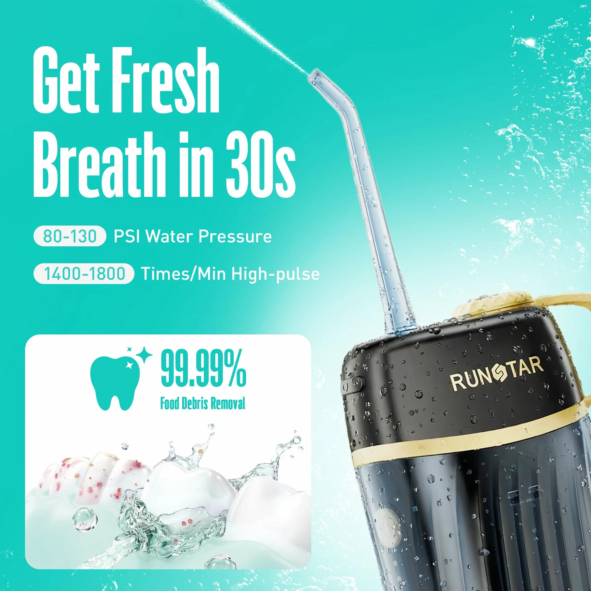 Runstar Dentale Portatile Denti, serbatoio portatile da 160 ml, quattro modalità (DIY/standard/pulso/morbido) - rimuove il 99% della placca dentale, adatto per chi porta l'apparecchio e per i viaggi.