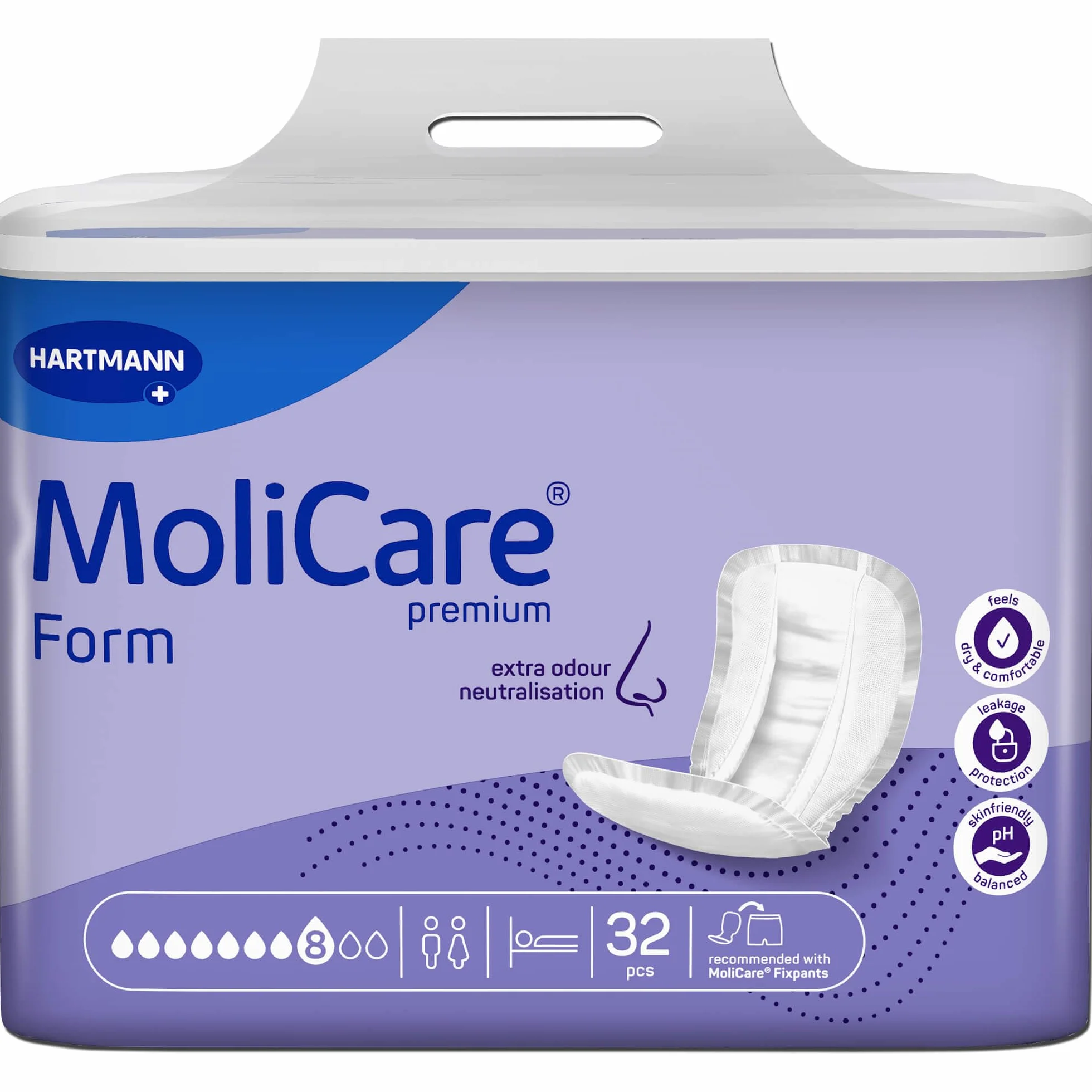Molicare Form premium 8 gocce, per incontinenza grave: massima sicurezza, protezione extra e discrezione per donne e uomini, 32 pezzi