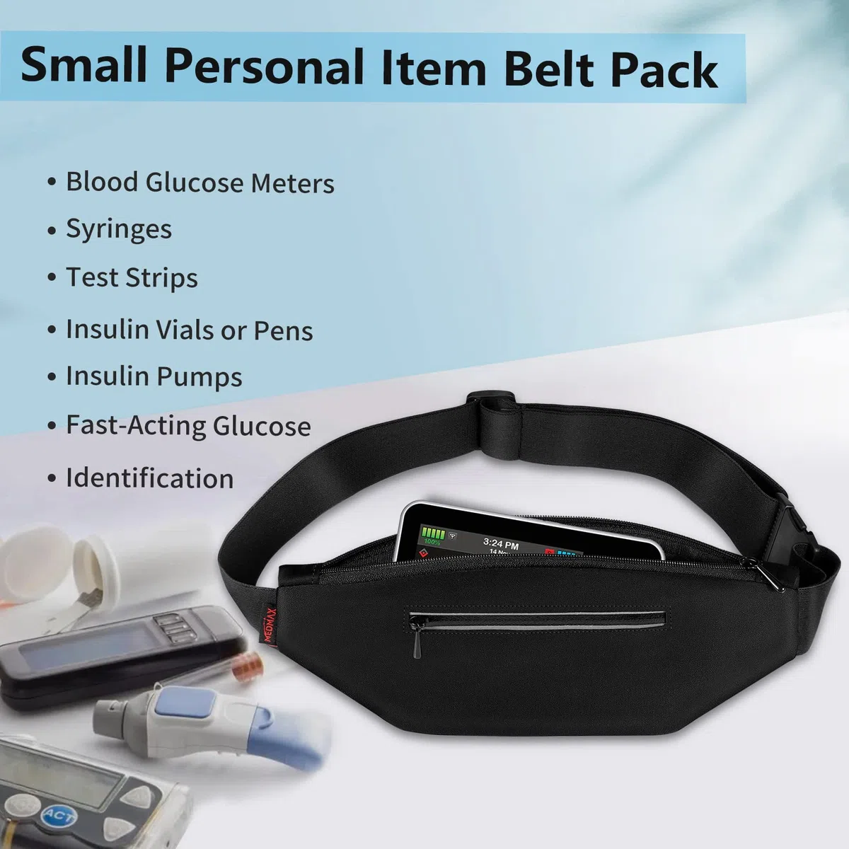 MEDMAX Cintura per microinfusore di insulina, Cintura da corsa per diabetici con vita regolabile, marsupio porta insulina porta insulina, (48-73cm) (Nero)