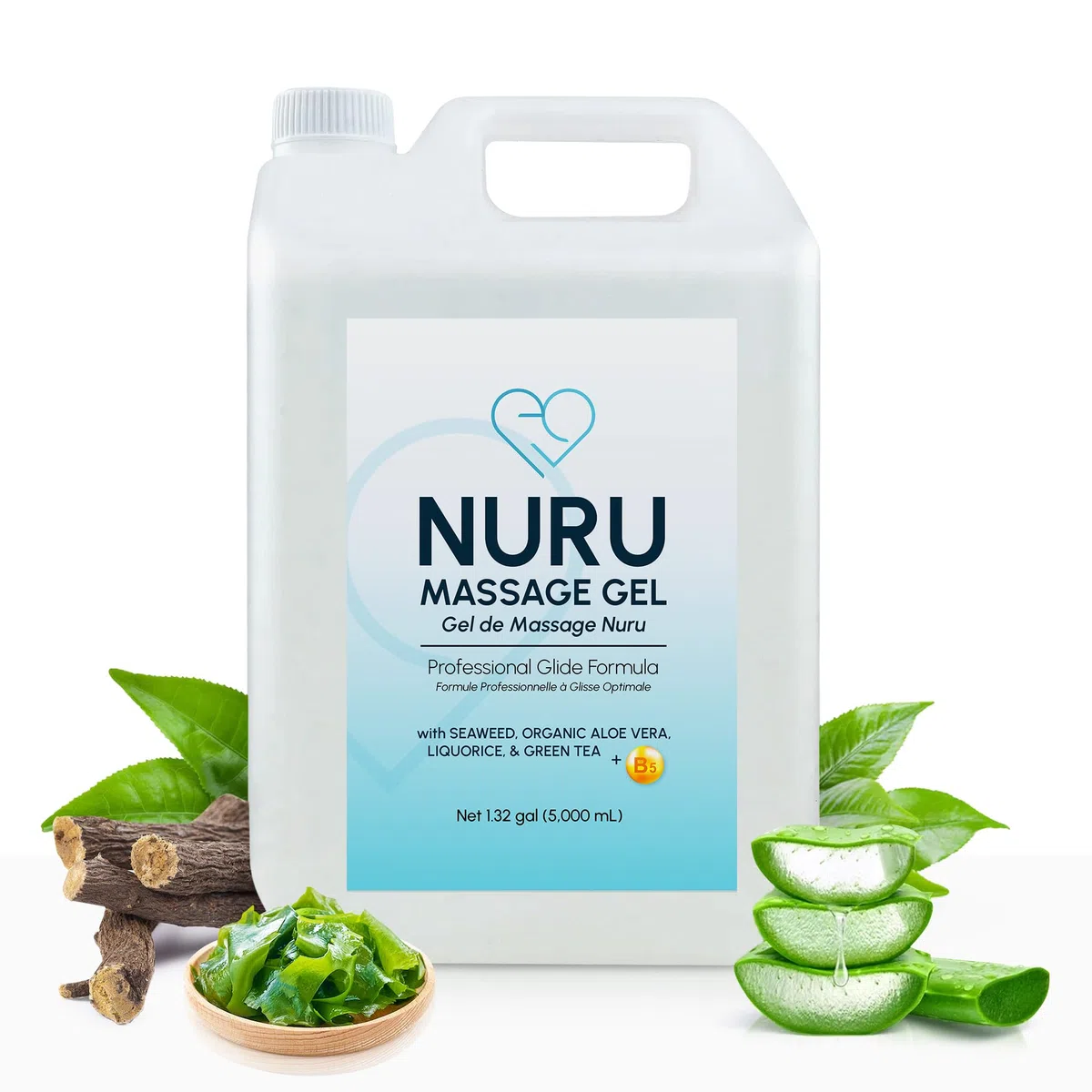 Gel da Massaggio Nuru 5000ml, Alternativa all Olio da Massaggio, Aloe Vera Bio, Alga, Te Verde, Liquirizia e Vitamina B5, Base Acqua, Senza Parabeni e Glicerina, Formula Corpo a Corpo