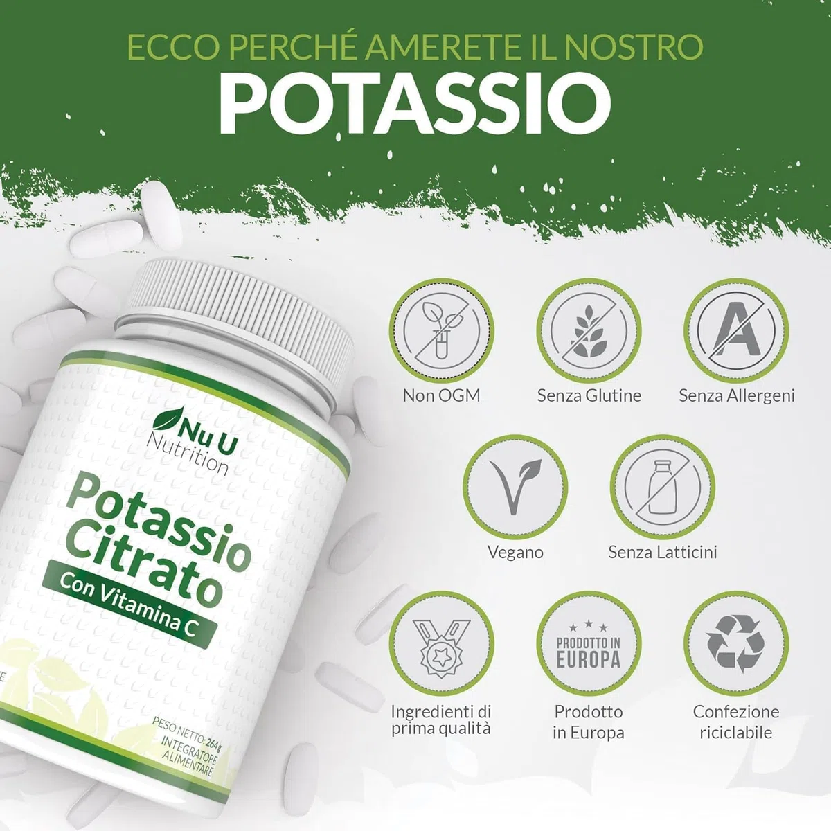 Potassio 1550 mg & Vitamina C - 240 Compresse Vegane - 4 Mesi di Scorta - Citrato di Potassio ad Alta Potenza - Prodotto in Europa - Nu U Nutrition