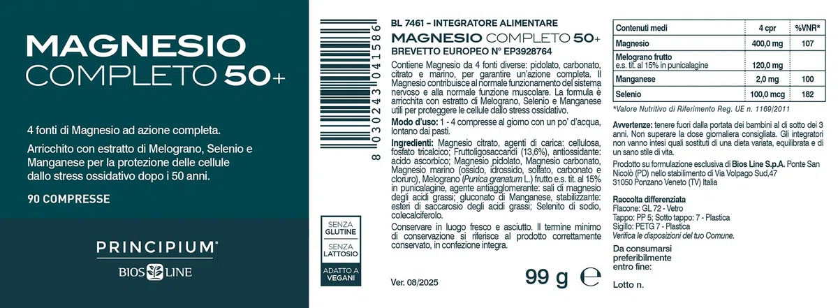 Bios Line Principium Magnesio Completo Brevettato 50+ Compresse, Integratore Alimentare, Magnesio, Selenio, Manganese e Melograno, 90 Compresse