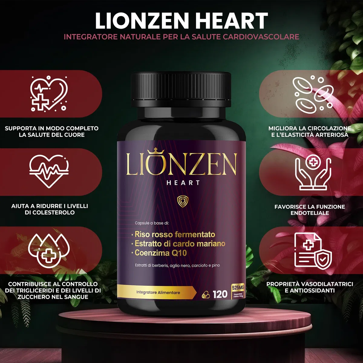 Riso Rosso Fermentato (2,99mg di Monacolina K) + Coenzima Q10, Cardo Mariano +10 Ingredienti | Berberina, Astaxantina, Policosanolo | Benessere Metabolico e Antiossidante | LIONZEN Heart