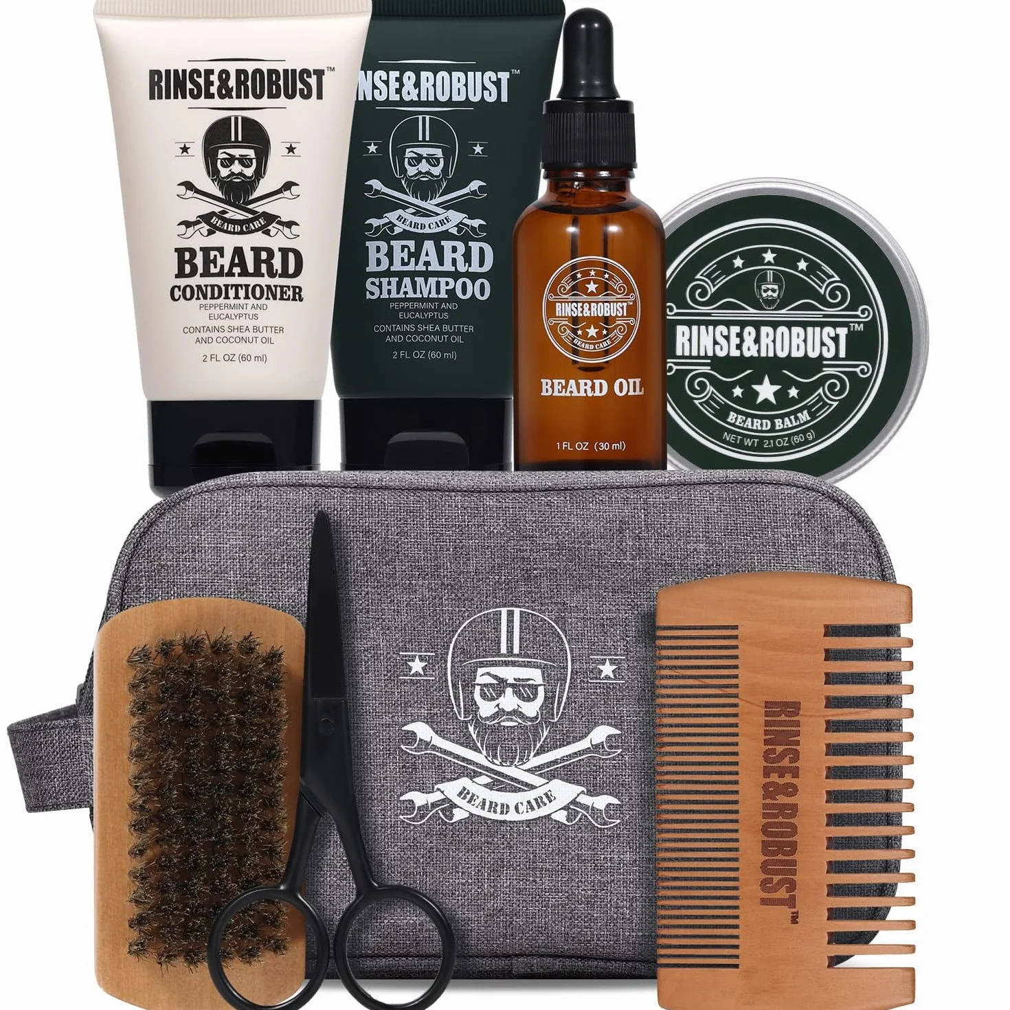 Rinse&Robusto, set per la cura della barba da 8 pezzi, con borsa da viaggio, profumo di eucalipto, spazzola da barba, forbici da barba, shampoo da barba