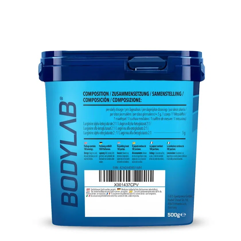 Bodylab24 AAKG Arginina Alfa Chetoglutarato 500 g di polvere in rapporto 2:1, integratore pre-allenamento, insapore, senza zucchero