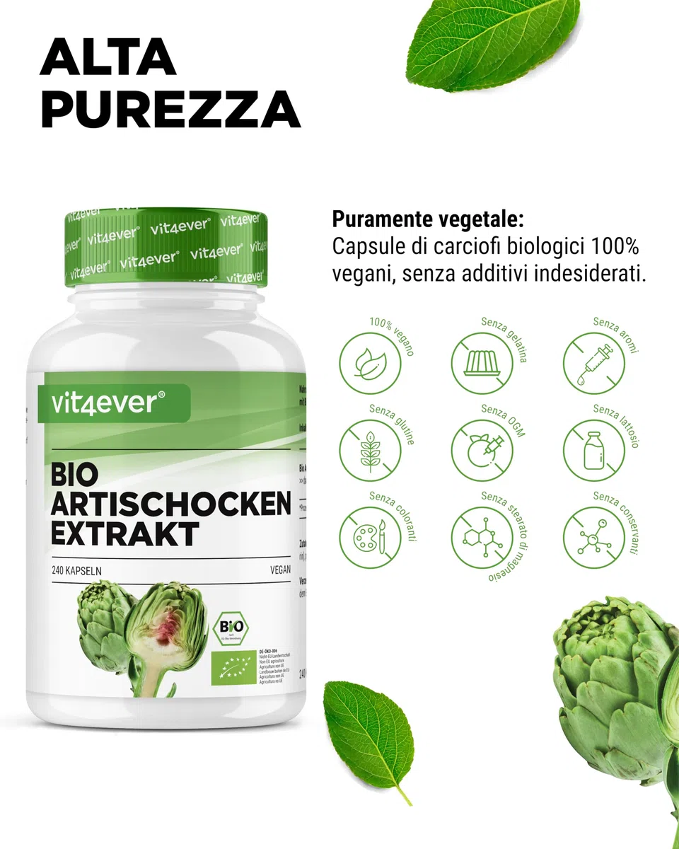 Estratto di carciofo Qualità biologica - 240 capsule - 1800 mg per dose giornaliera (2,5% cinarina) - Vero estratto 20:1 - Dose elevata - Vegan