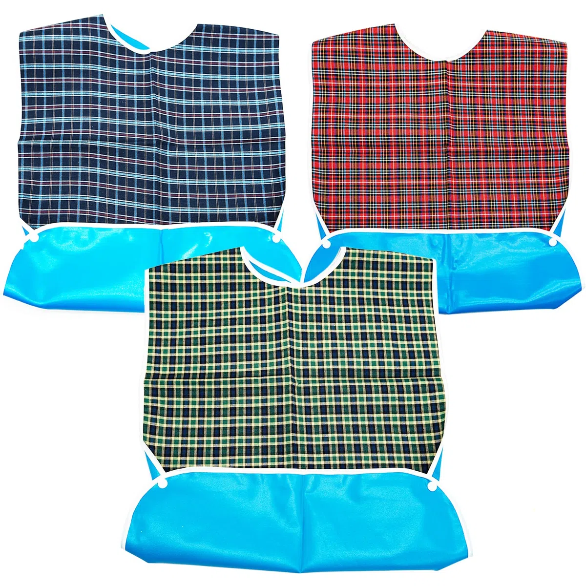 Bavaglini per adulti, lavabili per anziani, confezione da 3, rosso, verde, blu, Blu, L