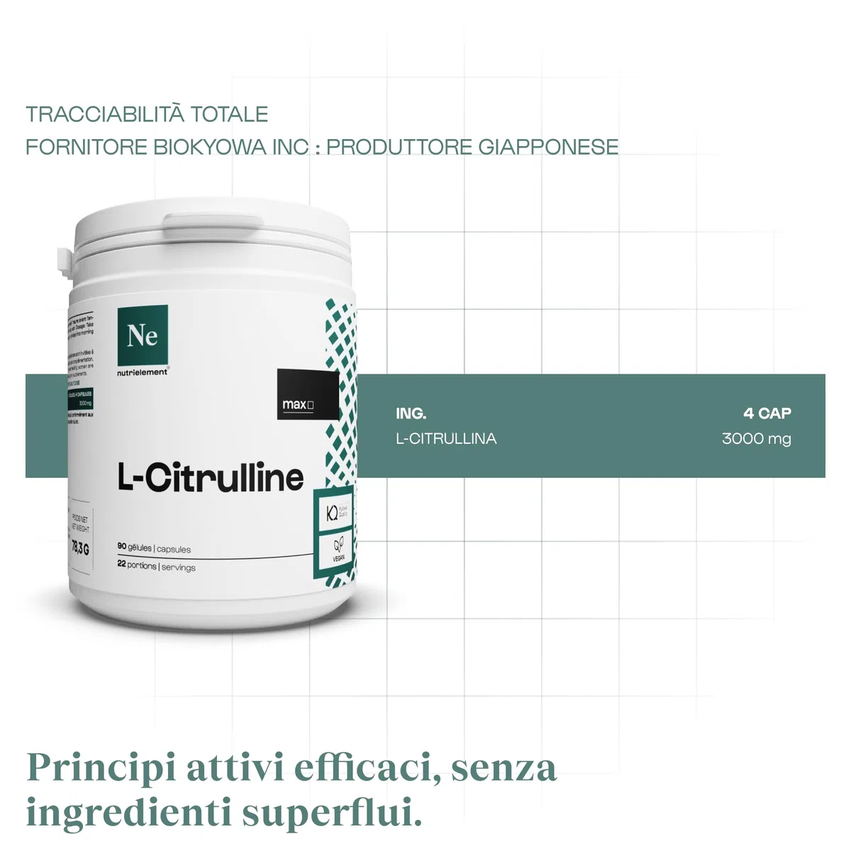 L-citrullina pura al 100% | Qualità brevettata BioKyowa - Per Anabolismo e Congestione Muscolare - Aminoacido Vegano - Senza Malati né OGM - Fitness Sport | Nutrimuscle | 90 capsule