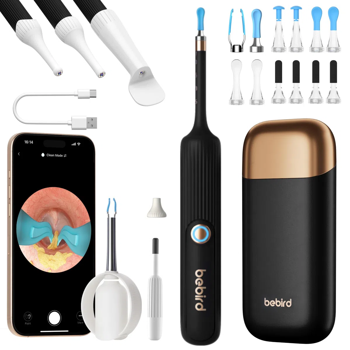BEBIRD Pro Otoscopio per la rimozione del cerume, pulitore auricolare flessibile con telecamera, telecamera per la pulizia dell'orecchio con pinzette e accessori ORL per adulti e bambini (nero)