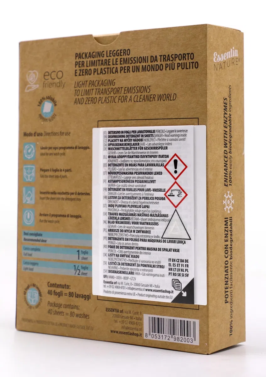 ESSENTIA Detersivo Ecologico in Fogli per Lavastoviglie | 3 Confezioni da 80 Lavaggi | Ultraconcentrato e Biodegradabile con Enzimi Naturali | Profumo Limone | Elimina Calcare e Odori | Plastic Free