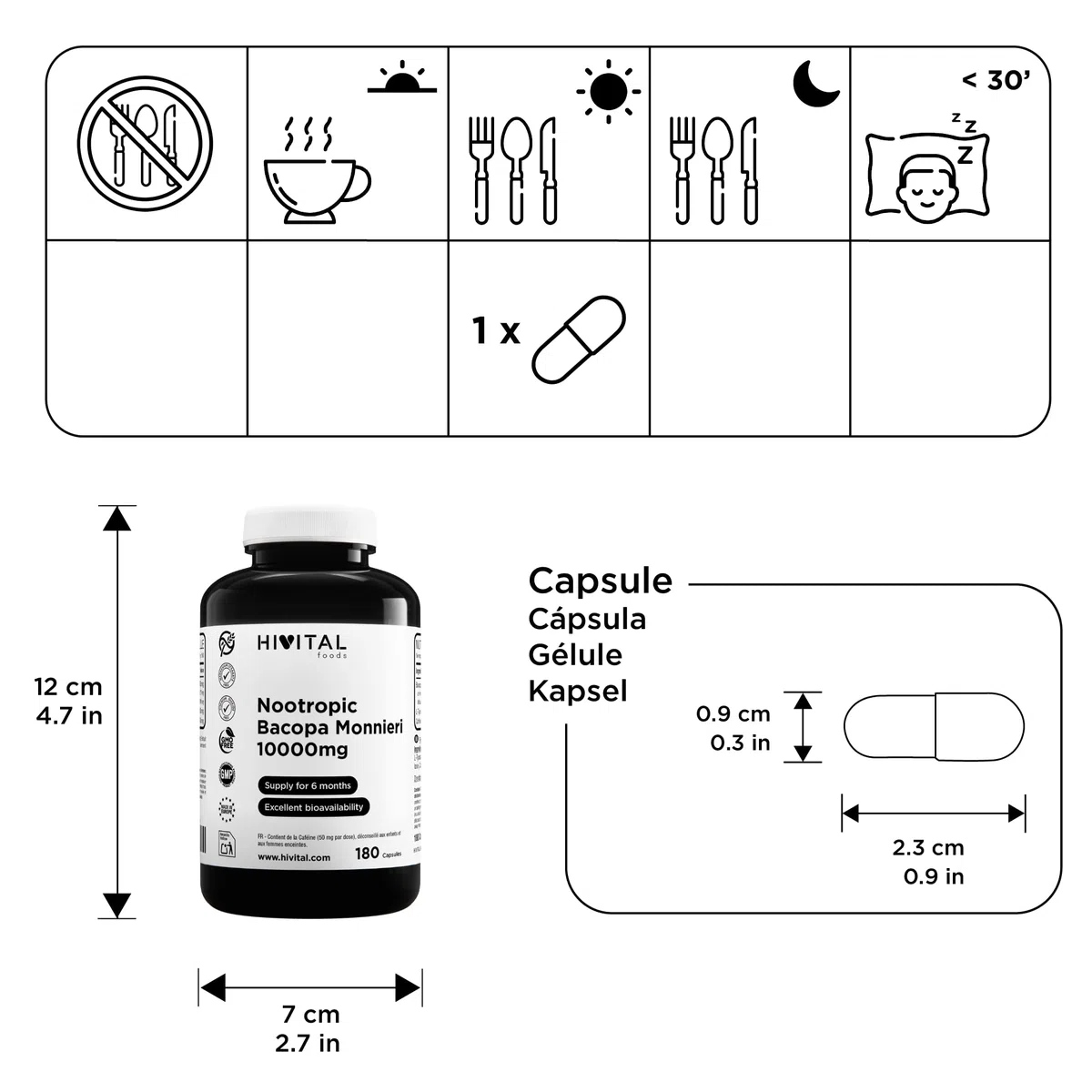 Nootropico Bacopa Monnieri 10000 mg. 180 capsule per 6 mesi di trattamento. Nootropic Naturale con L-Tirosina e Caffeina. Prodotto in Europa da HIVITAL